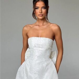 Strapless White Jacquard Evening Dress